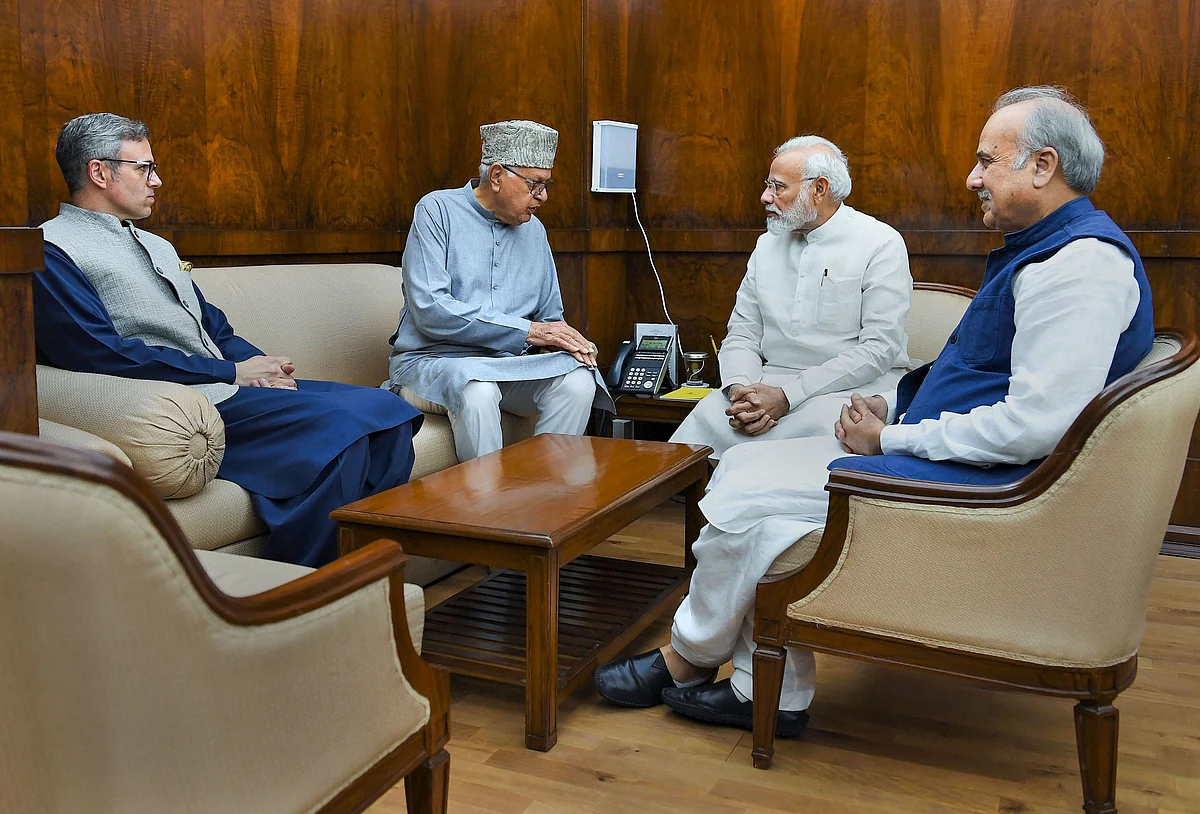 Farooq Abdullah, Omar Abdullah, and Hasnain Masoodi call on Prime Minister Narendra Modi, in New Delhi, on Aug. 1, 2019. (Photograph: PTI)