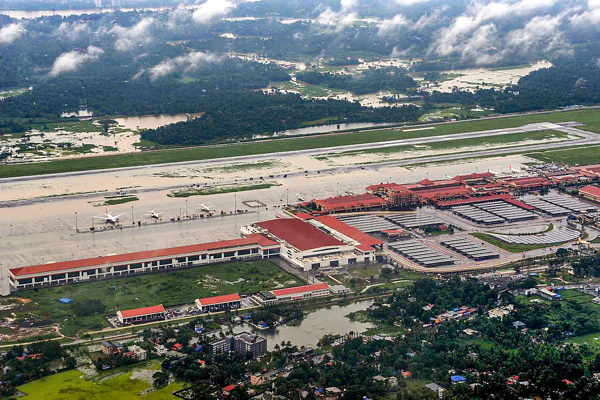 An aerial view of flood-hit areas of Kochi International Airport in Kerala. (Source: PTI)