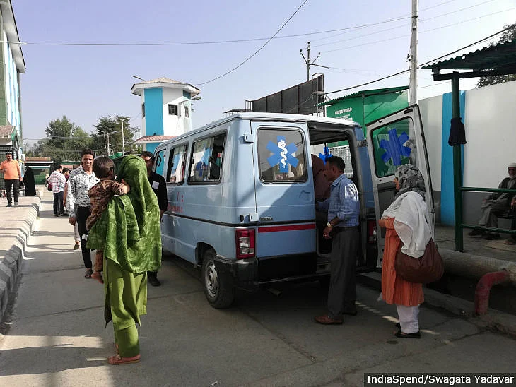 Ambulances are used to ferry doctors and hospital staff to and from hospitals in Kashmir due to security concerns and a lack of public transport.