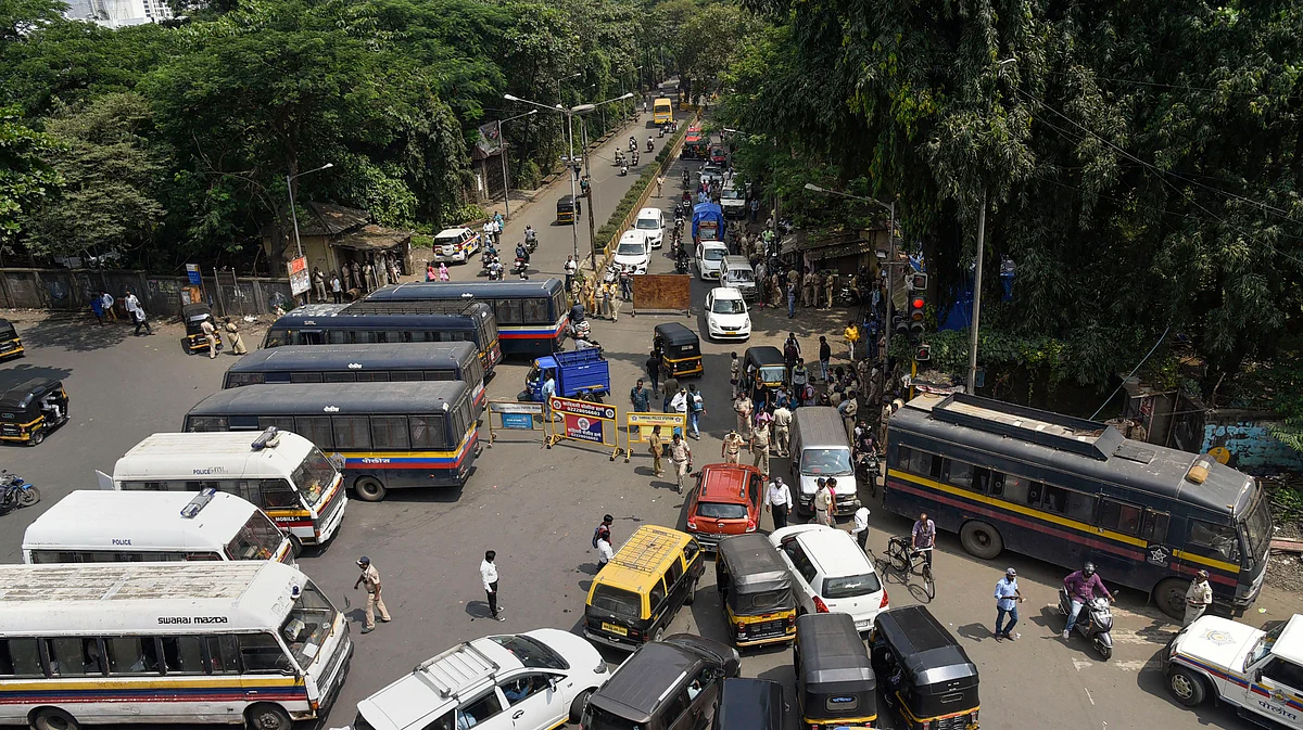 Police cordon off the Aarey colony following a protest against the tree-cutting, being carried out for the Metro car shed project, in Mumbai. (Source: PTI)