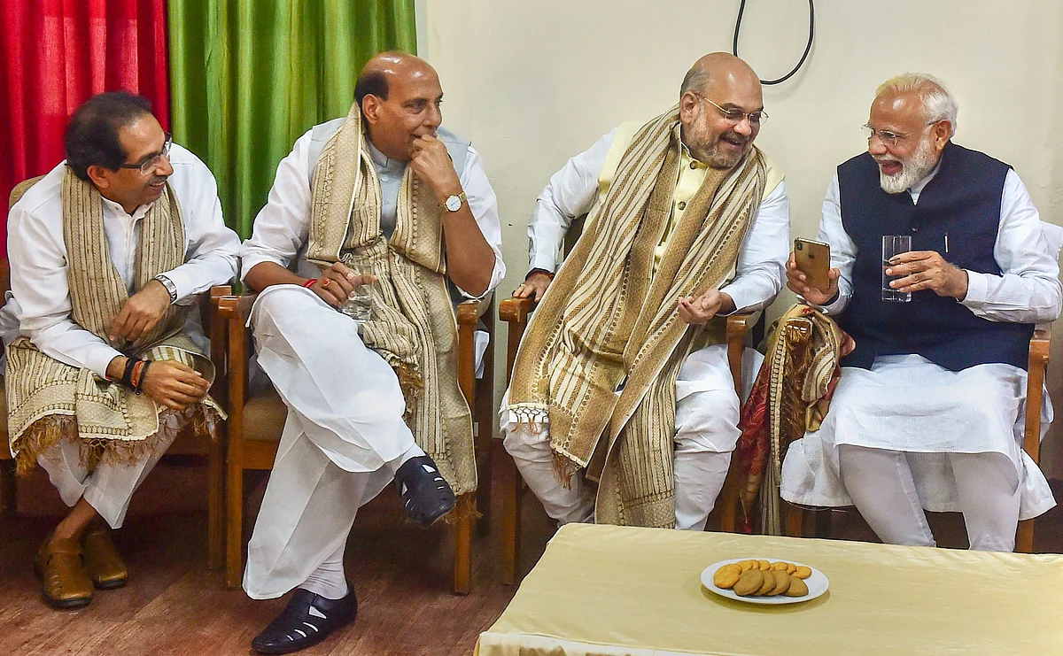 Prime Minister Narendra Modi with Amit Shah, Rajnath Singh, and Uddhav Thackeray, in Varanasi, on April 26, 2019. (Photograph: PTI)