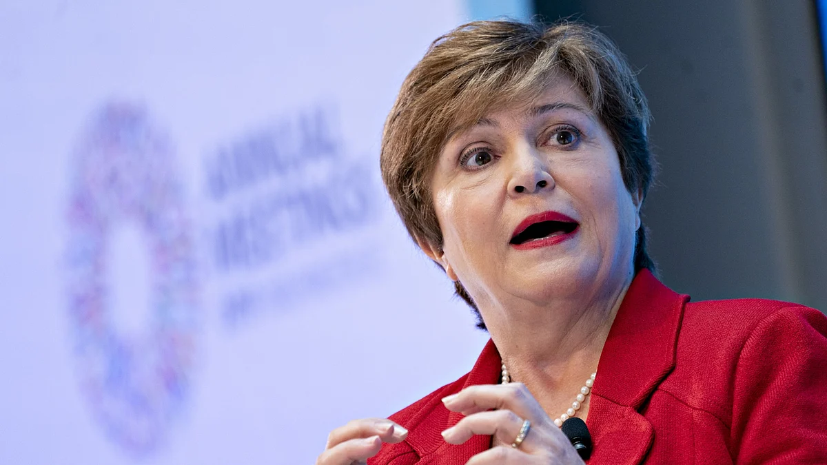 Kristalina Georgieva, managing director of the International Monetary Fund (IMF), speaks during a discussion ahead of the IMF and World Bank Group Annual Meetings in Washington, D.C., U.S. (Photographer: Andrew Harrer/Bloomberg)