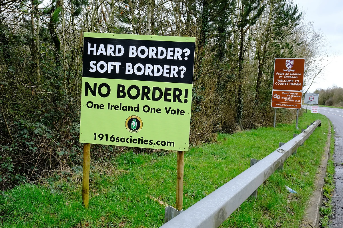 Anti-border signs stand on the Irish border near Belturbet, County Cavan, Ireland, on March 6, 2019. (Photographer: Bryn Colton/Bloomberg)