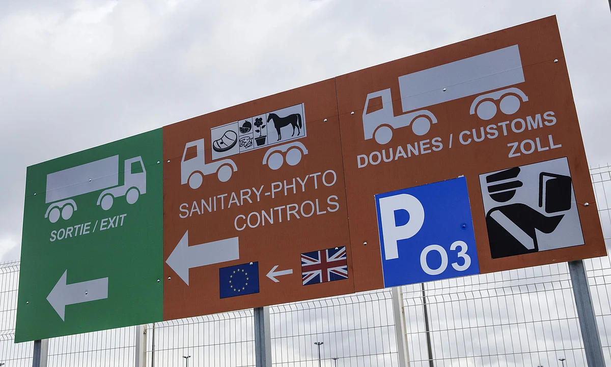 Customs checks signs at the port of Calais, France, on Oct. 7, 2019. (Photographer: Marlene Awaad/Bloomberg)