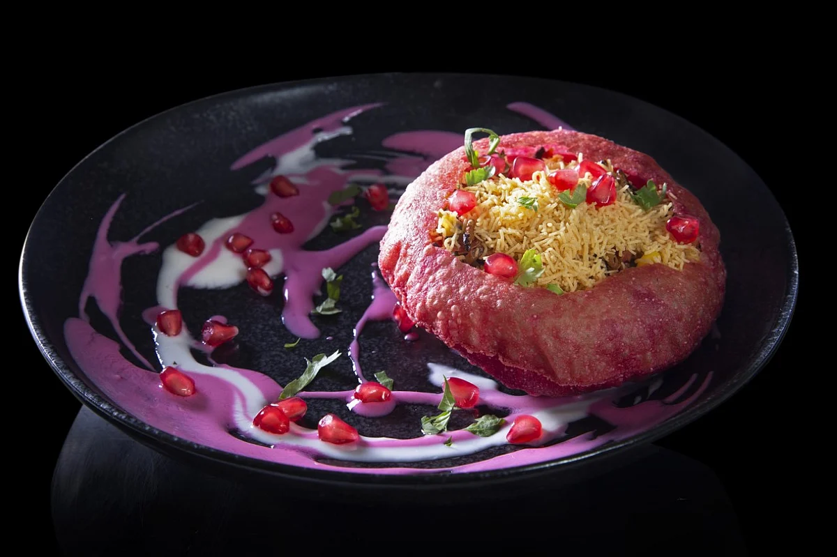Raj puri, beetroot yoghurt, sev. Dish from Chef Vineet Bhatia’s new Earth, Land and Sea menu. (Image courtesy: Ziya, The Oberoi, Mumbai) 