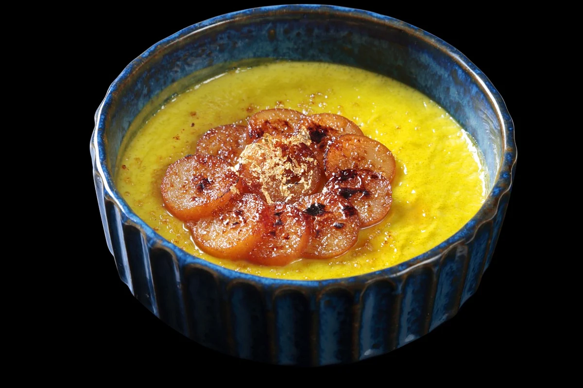 Pistachio - gulabjamun creme brulee. Dish from Chef Vineet Bhatia’s new Earth, Land and Sea menu. (Image courtesy: Ziya, The Oberoi, Mumbai)