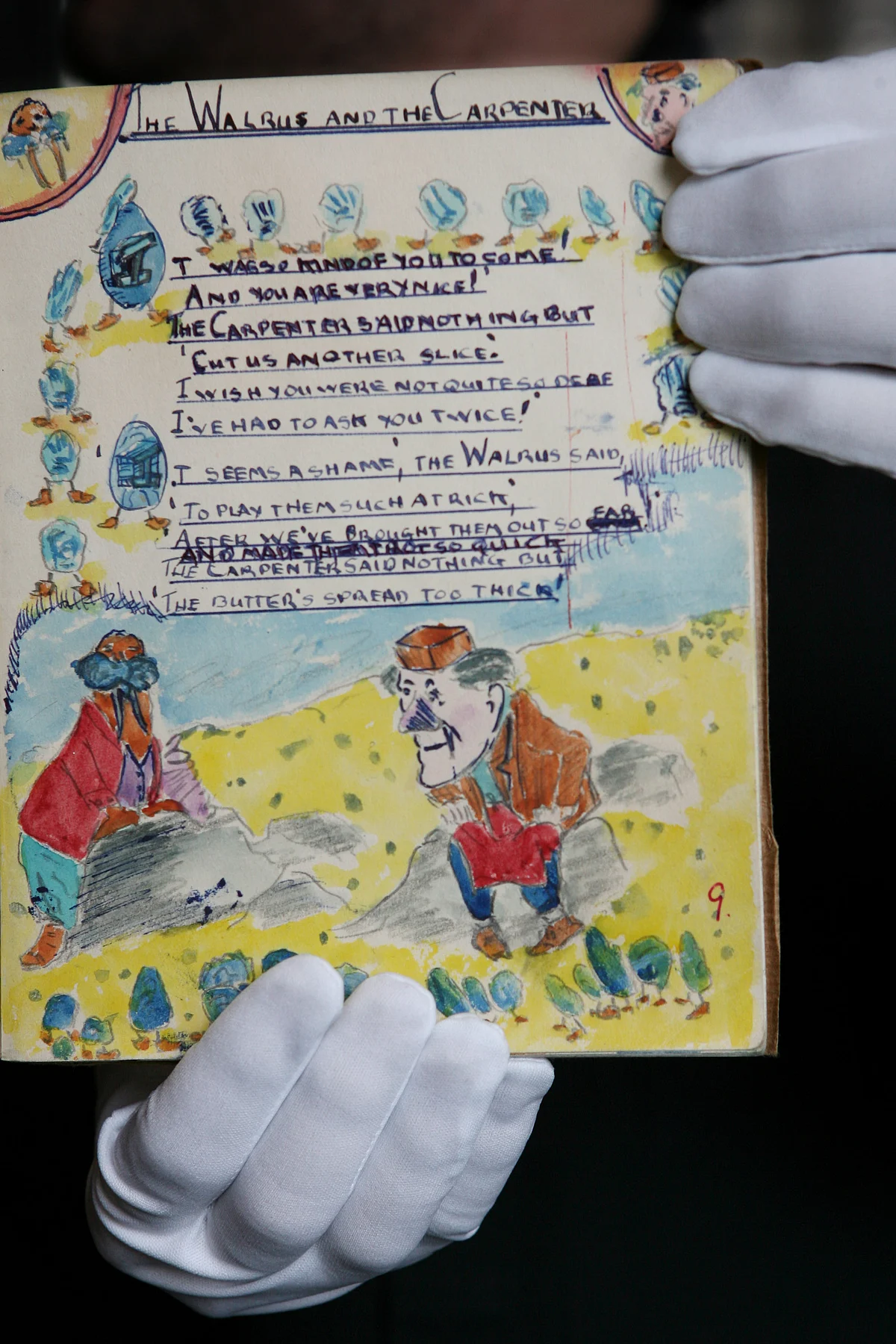 One of John Lennon’s schoolbooks which contains a drawing which allegedly inspired the song “I Am the Walrus,”. (Photographer: Suzanne Plunkett/Bloomberg News)