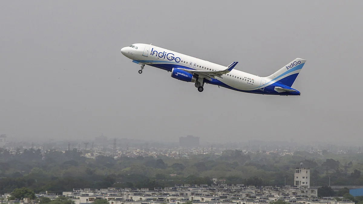 An aircraft operated by IndiGo, a unit of Interglobe Enterprises Ltd., is seen from a control tower as it takes off at Indira Gandhi International Airport (IGI) in Delhi, India. (Photographer: Prashanth Vishwanathan/Bloomberg)