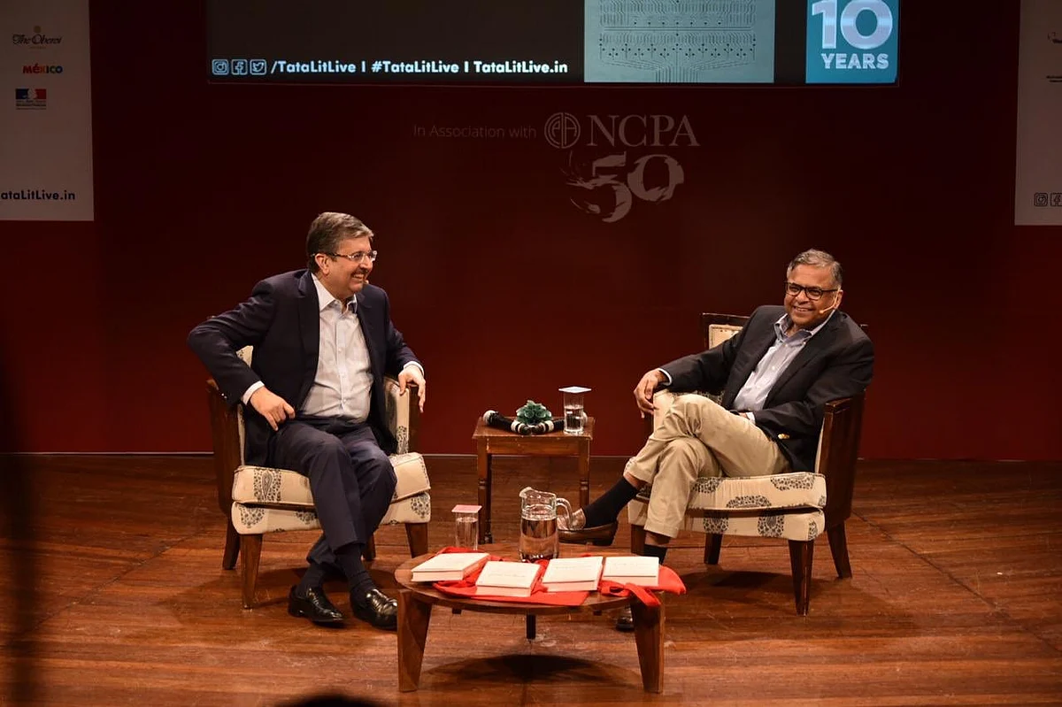 Uday Kotak (left) in conversation with N Chandrasekaran at the Tata Literature Festival. (Image: @TataCompanies on Twitter)