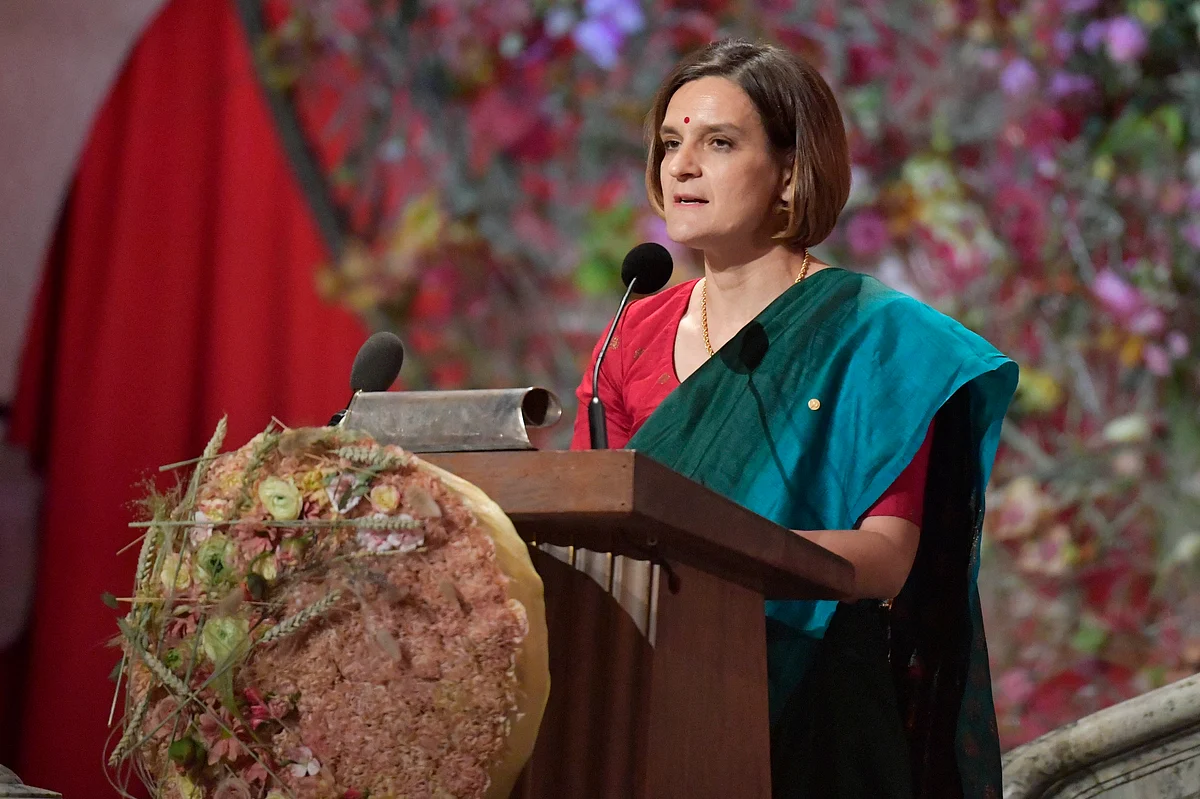 Economics Mobel Laureate Esther Duflo gives her speech during the Nobel banquet at Stockholm City Hall, in Stockholm. Sweden, on Dec. 10, 2019. (Photo: PTI)