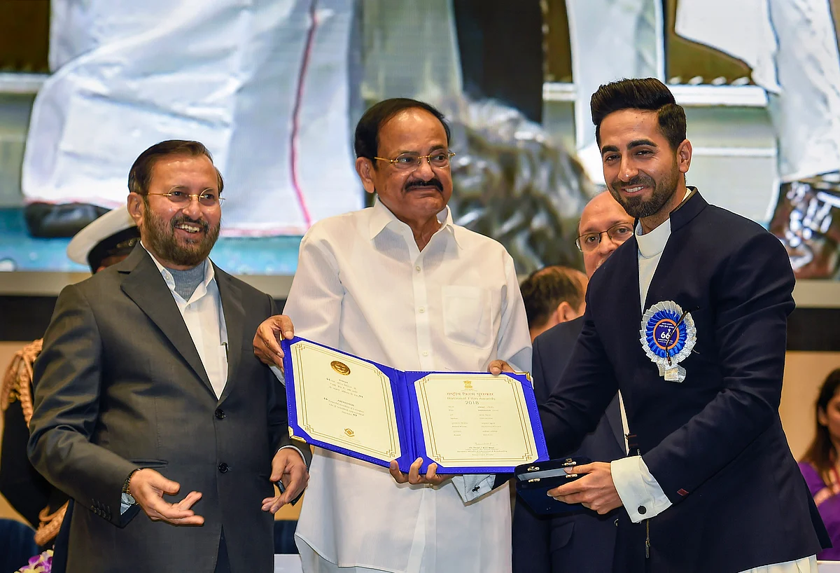 Vice President M Venkaiah Naidu presents the Best Actor (shared) award to actor Ayushmann Khurrana for his role in the film ‘Andhadhun’ during the 66th National Film Awards function at Vigyan Bhavan in New Delhi. (Source: PTI)