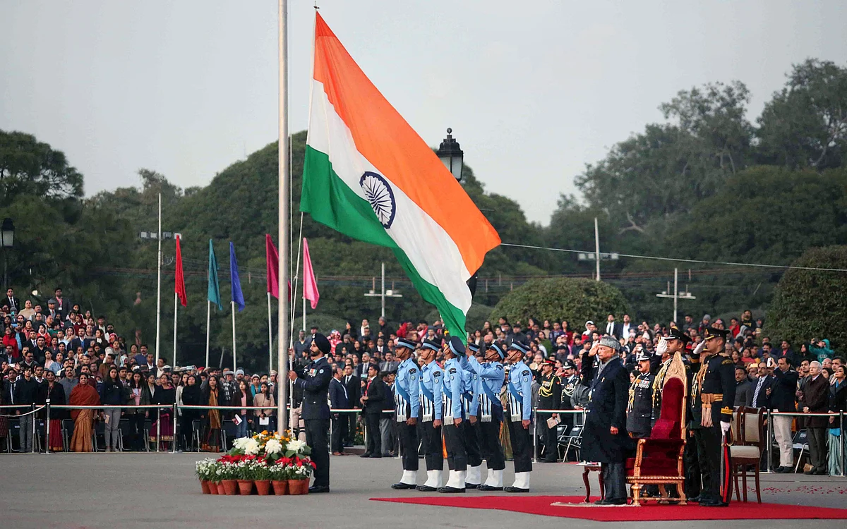 The Beating Retreat ceremony underway at Vijay Chowk, New Delhi. (Source: PTI)