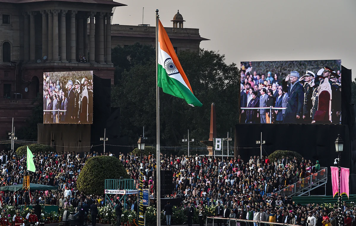 The Beating Retreat ceremony underway at Vijay Chowk, New Delhi. (Source: PTI)