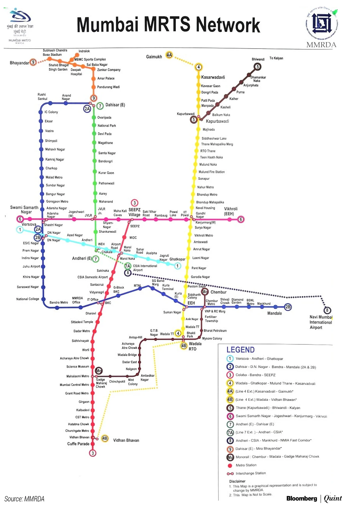 Route map of all lines of the Mumbai Metro and the Mumbai Monorail. (Photo credit: MMRDA)