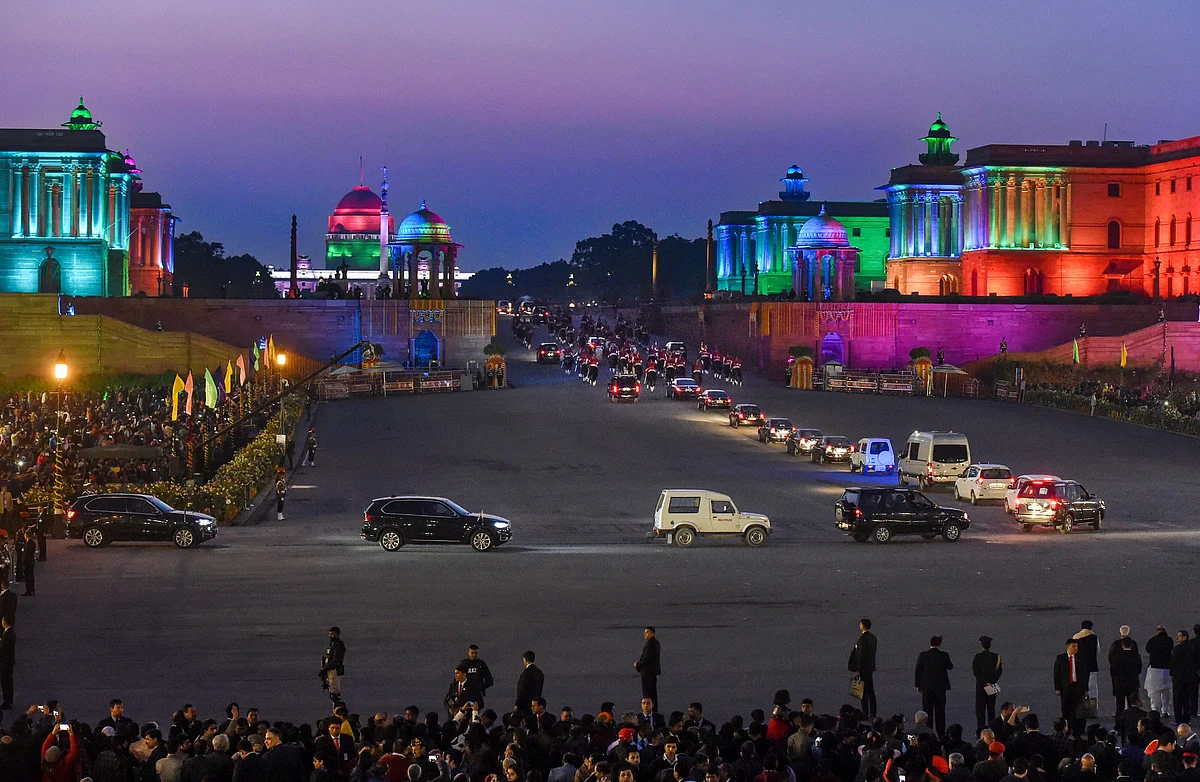 The Beating Retreat ceremony underway at Vijay Chowk, New Delhi. (Source: PTI)