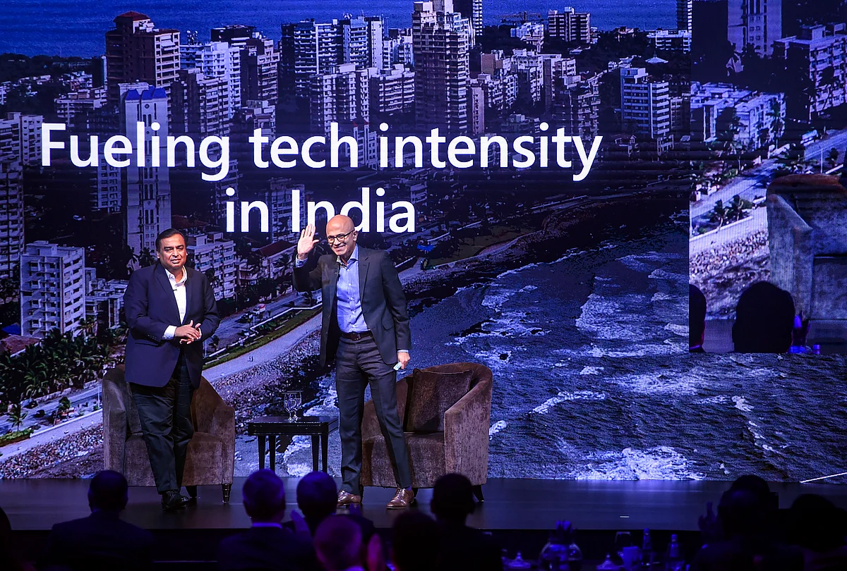 Reliance Industries’ CMD Mukesh Ambani with Microsoft CEO Satya Nadella, in New Delhi, on Feb. 24, 2020. (Photograph: PTI)