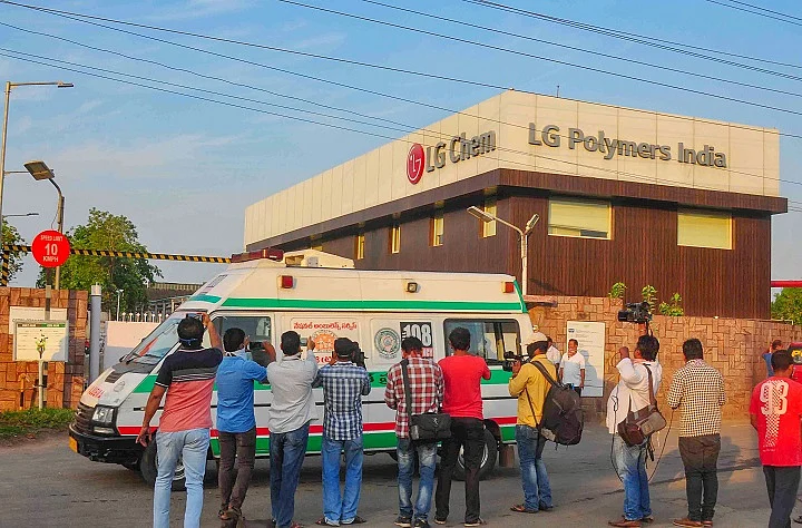 An ambulance outside the LG Polymers factory in Vishakapatnam. (Photo: PTI)