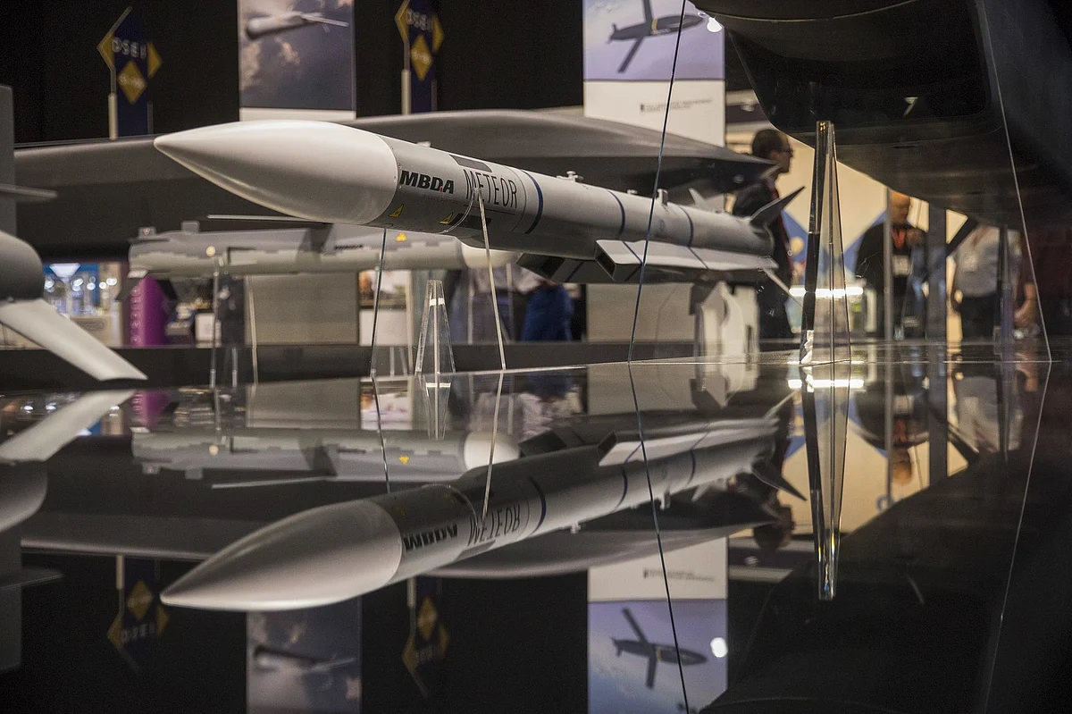 An MBDA Meteor missile sits on display at the MBDA Inc. stand during the Defence & Security Equipment International exhibition at the ExCel Centre in London, U.K. (Photographer: Simon Dawson/Bloomberg)