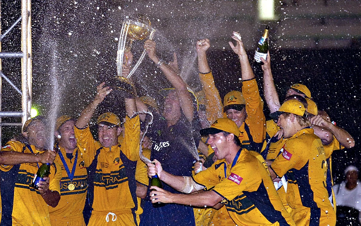 Members of the Australian cricket team celebrate their victory in the 2007 ICC Cricket World Cup final, in Bridgetown, Barbados, on April 28, 2007. (Photographer: Rhona Wise/Bloomberg News)