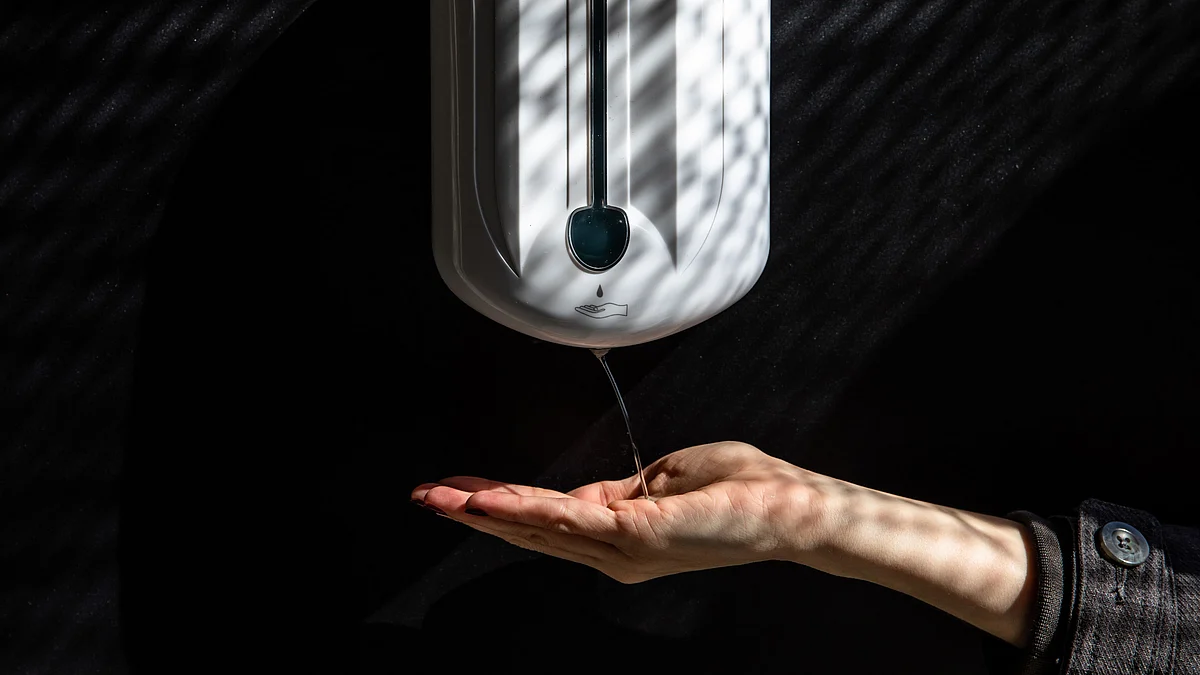 Hand applying sanitizer gel. (Photographer: Angel Garcia/Bloomberg)