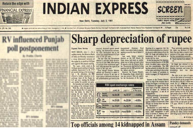 The front page of the Indian Express on July 2, 1991. (Photo Courtesy: Archival / The Indian Express)