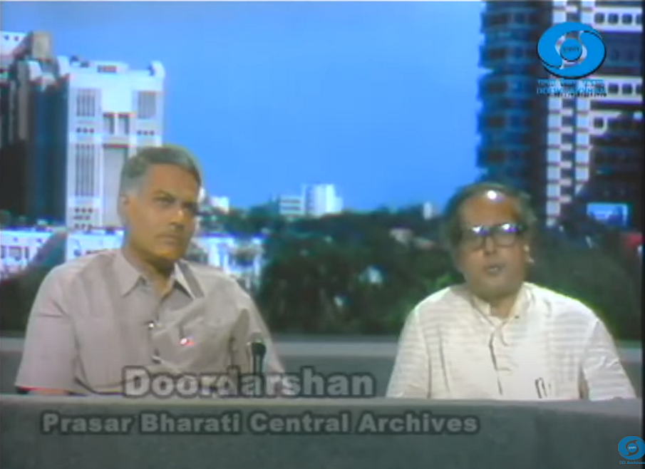 Then Finance Minister Yashwant Sinha and Former Finance Minister Pranab Mukherjee discuss election results and the economic crisis, in the DD studios in June 1991. (Image from Prasar Bharati Central Archives)