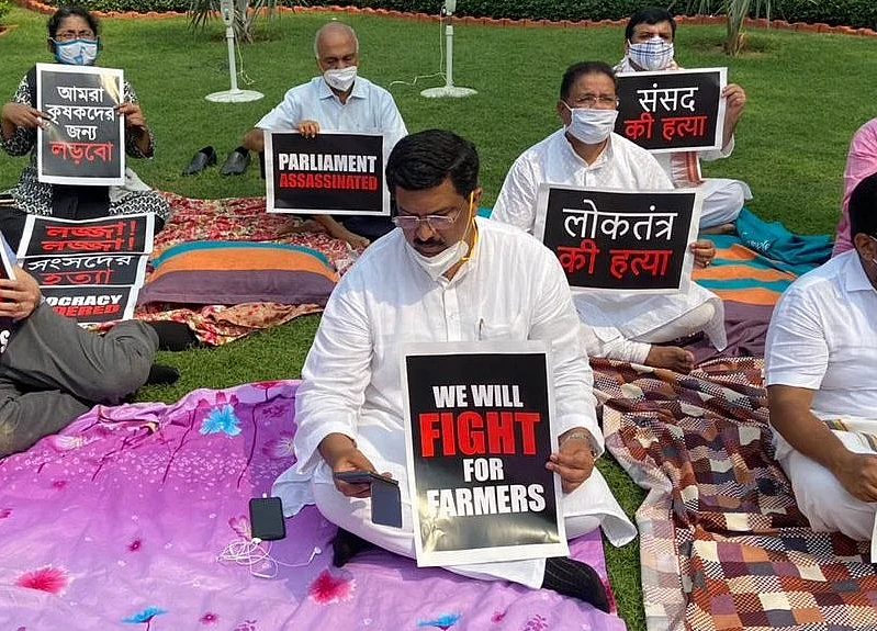 Opposition Holds Protest On Parliament Premises Against Suspension Of Eight Rajya Sabha Members