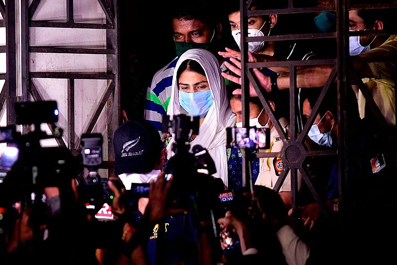 Actress Rhea Chakraborty on Aug. 7 after being questioned by authorities in Mumbai about the suicide of Sushant Singh Rajput. PHOTOGRAPHER: SUJIT JAISWAL/AFP/GETTY IMAGES 
