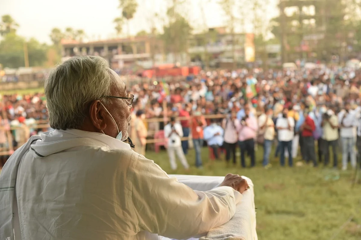 Bihar Chief Minister Nitish Kumar addressing an election rally, on Oct. 25, 2020. (Photograph: Janata Dal (United)/Twitter)
