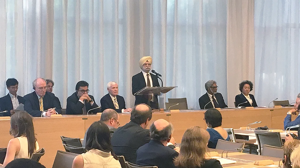 The WTO’s Appellate Body, then headed by Ujal Singh Bhatia, in Geneva, on June 8, 2017. (Photograph: WTO)