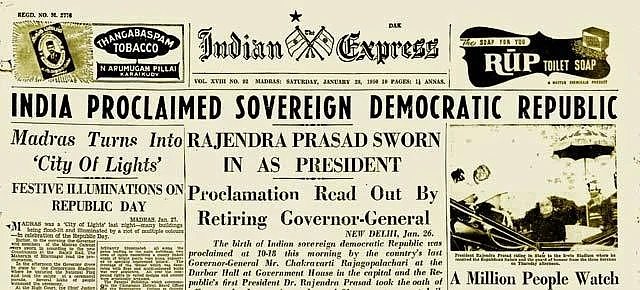 (Photo Courtesy: <a href="http://www.cuttingthechai.com/2012/01/5536/when-india-became-a-republic-front-page-of-the-indian-express-january-28-1950/">Cutting the Chai)</a>