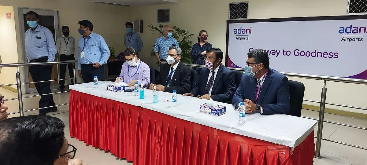 Adani Airports officials at the event to mark the leasing of Lucknow airport. (source: Airports Authority of India)a