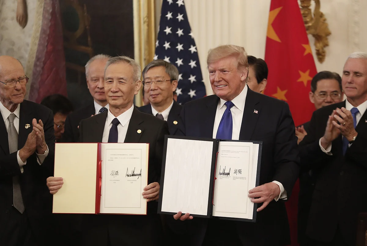 The signed U.S.-China phase-one trade agreement, in Washington, D.C., on Jan. 15, 2020. (Photographer: Zach Gibson/Bloomberg)
