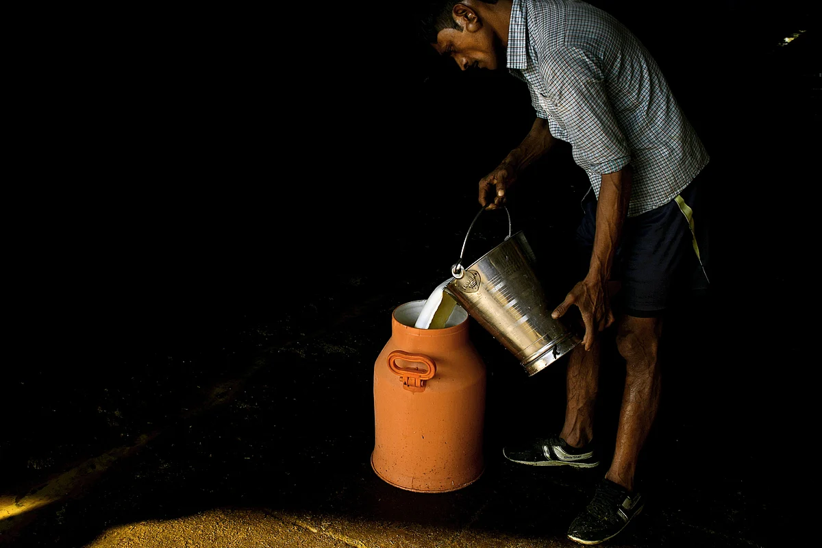 A worker pours a bucket of milk into a storage can. (Photographer: Anindito Mukherjee/Bloomberg)
