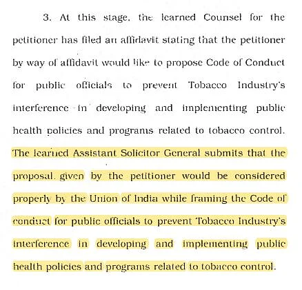 <i>Excerpt from the Karnataka High Court order in 2011, where the central government agreed to formulate a policy to prevent tobacco industry interference.</i>