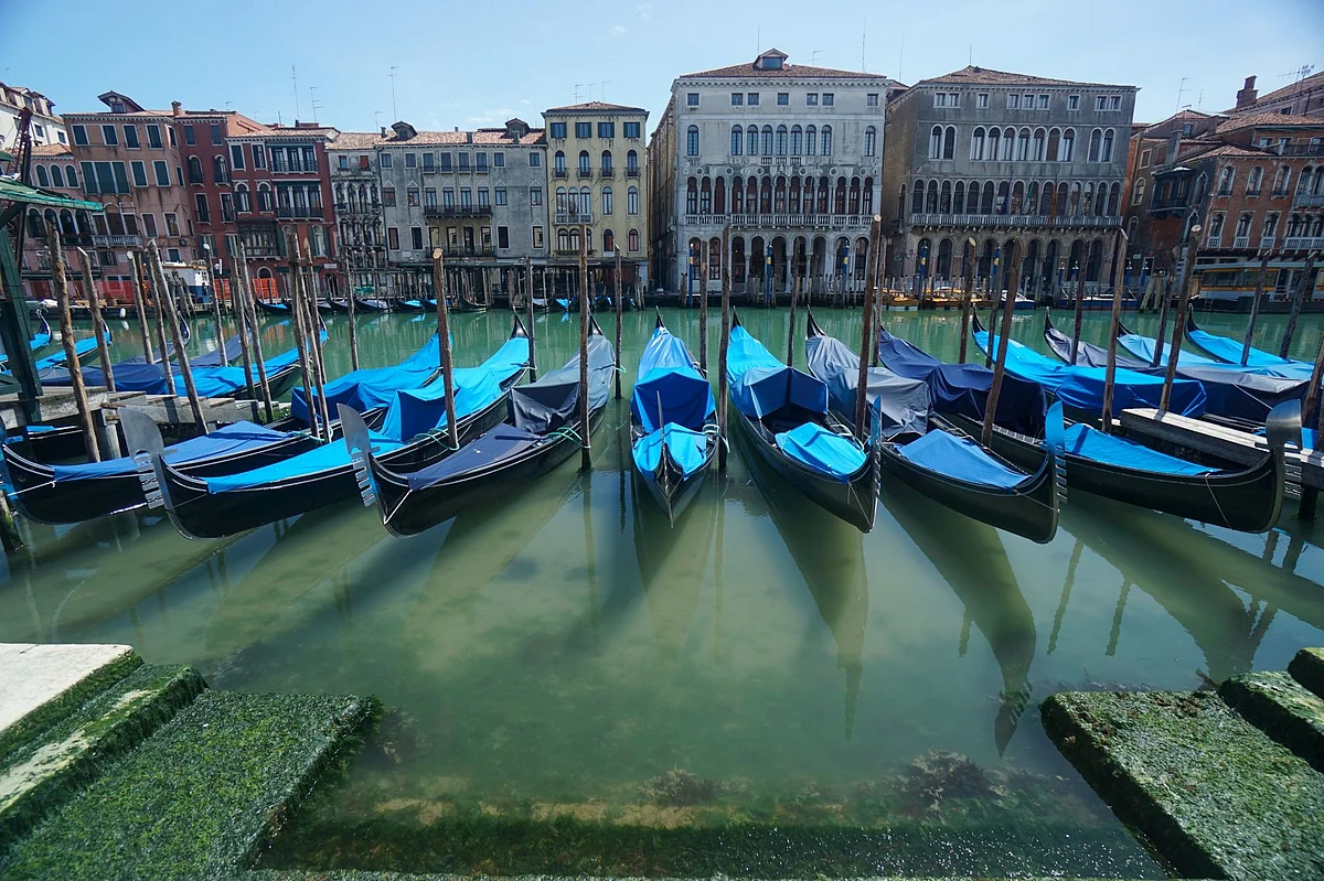 Venice’s iconic gondolas sit idle on May 1. Photographer: Andrea Merola/Bloomberg
