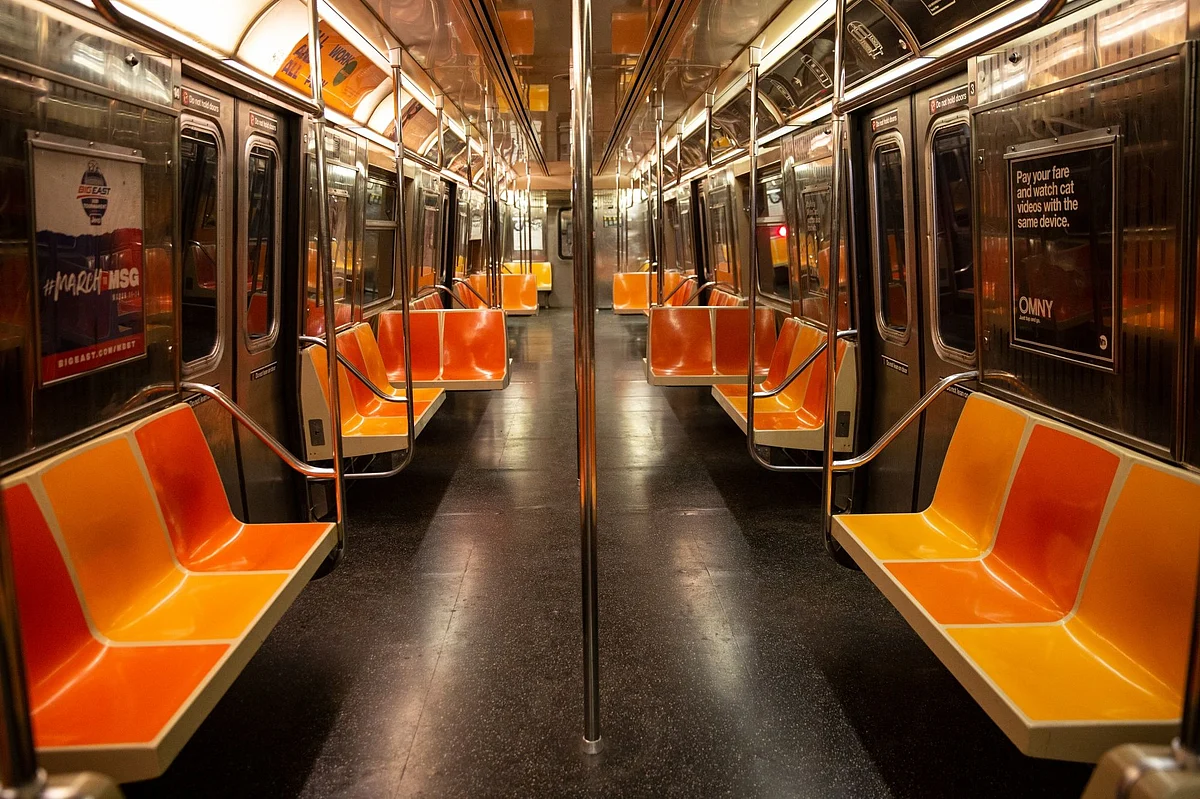 Elsewhere in New York, one car of a G-line subway train running between Queens and Brooklyn is empty on April 20. Photographer: Holly Pickett/Bloomberg