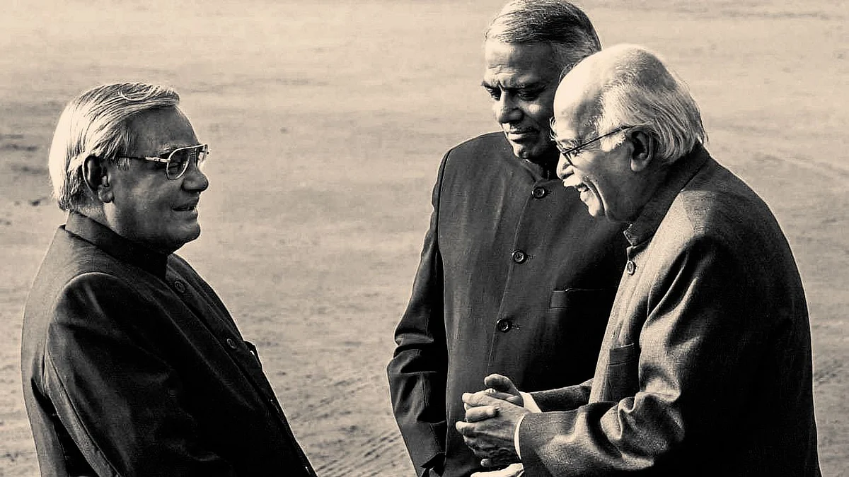 AB Vajpayee with LK Advani and Yashwant, Rashtrapati Bhavan in New Delhi, on Jan 8, 2004. (Photograph: PTI file photo)