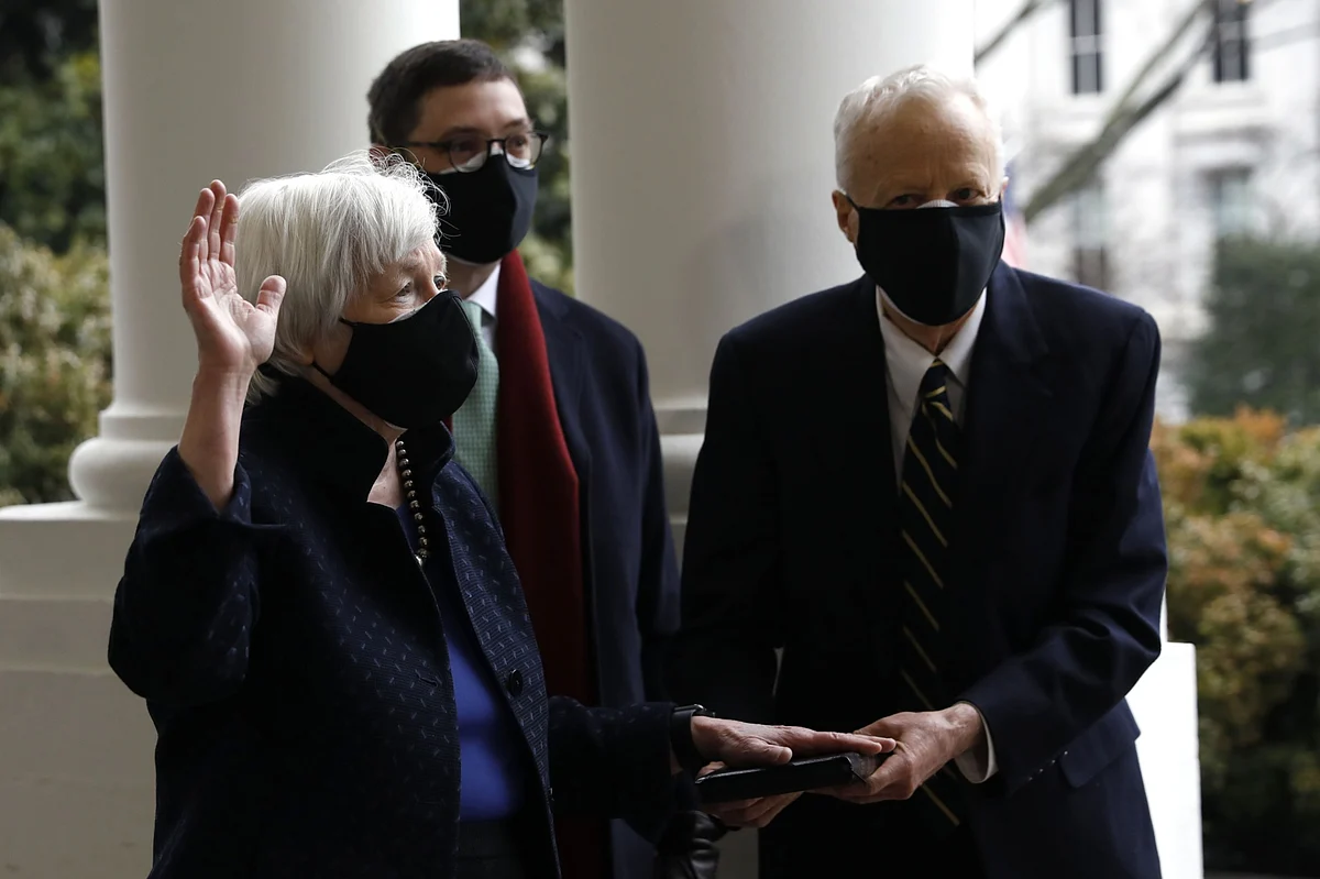 Janet Yellen, U.S. Treasury secretary, is sworn in at the White House in Washington, D.C., on Jan. 26, 2021. (Photographer: Yuri Gripas/Abaca/Bloomberg)