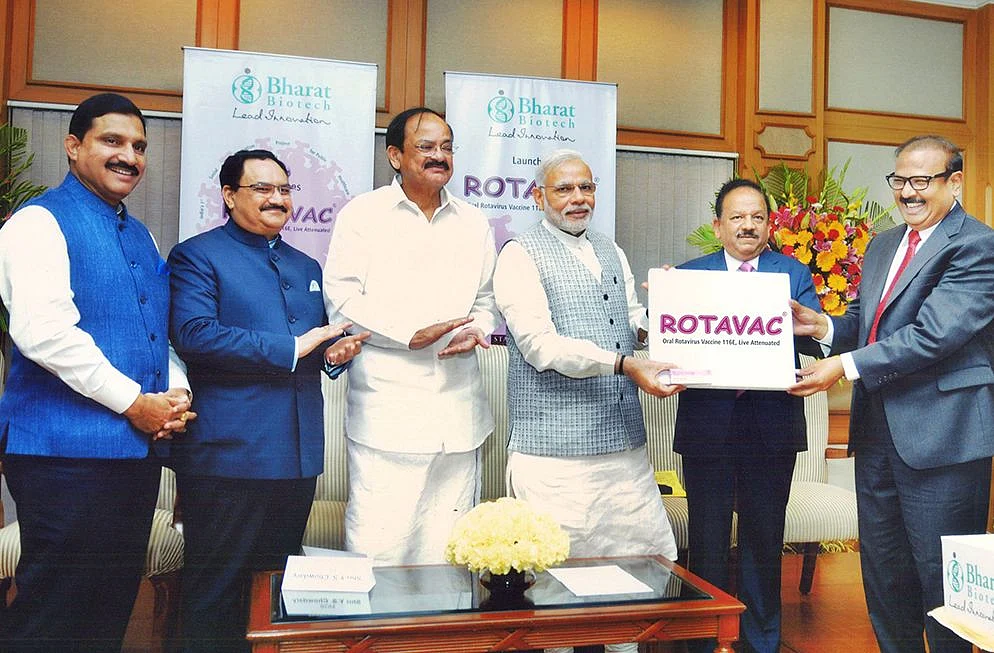 Dr Krishna Ella, founder, chairman, managing director of Bharat Biotech International Ltd. (first on right) with Prime Minister Narendra Modi (third from right).