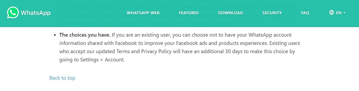 WhatsApp’s earlier privacy policy, updated July 2020, that offered users the option to opt-out. (Source: WhatsApp)