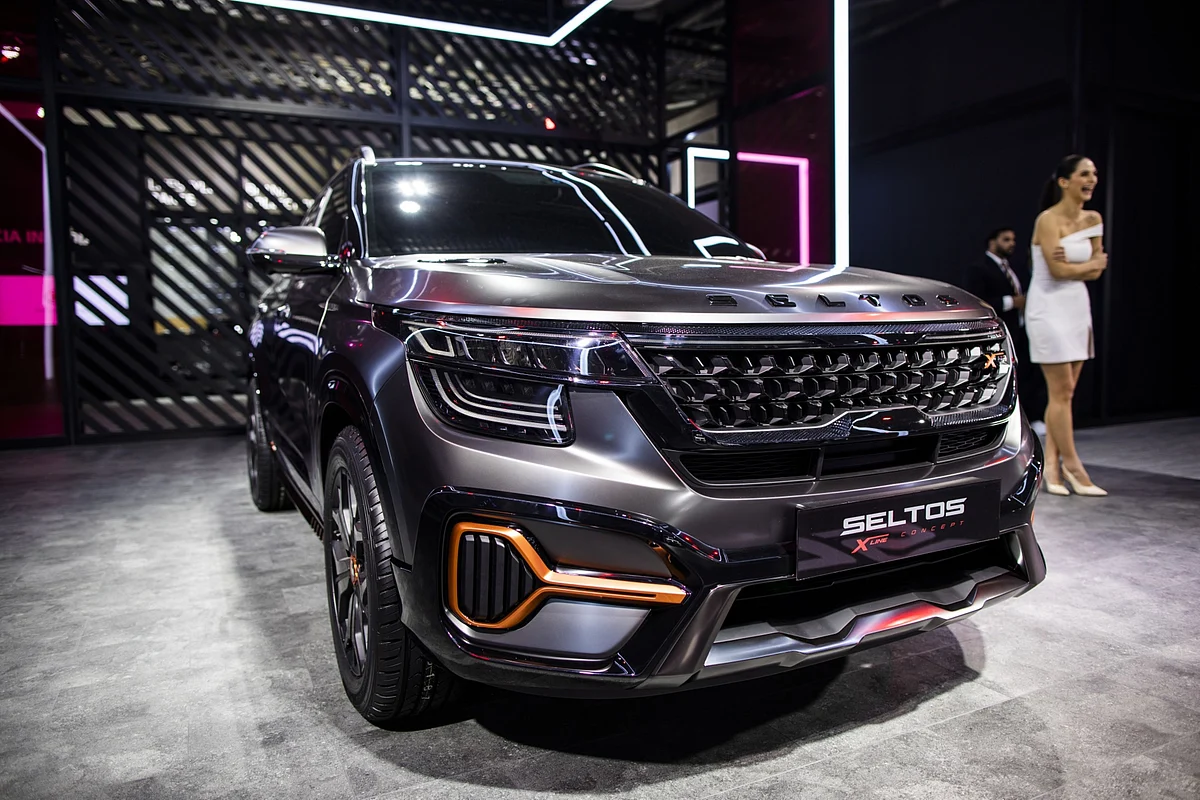 A Kia Motors Corp. Seltos X-Line Urban Concept vehicle sits on display at the Auto Expo 2020 in Noida. Photographer: Prashanth Vishwanathan/Bloomberg
