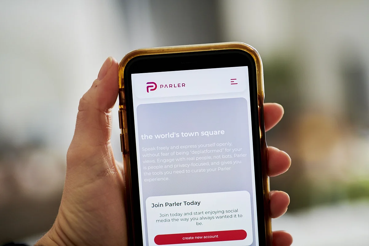 The Parler website home screen on a smartphone. (Photographer: Gabby Jones/Bloomberg)