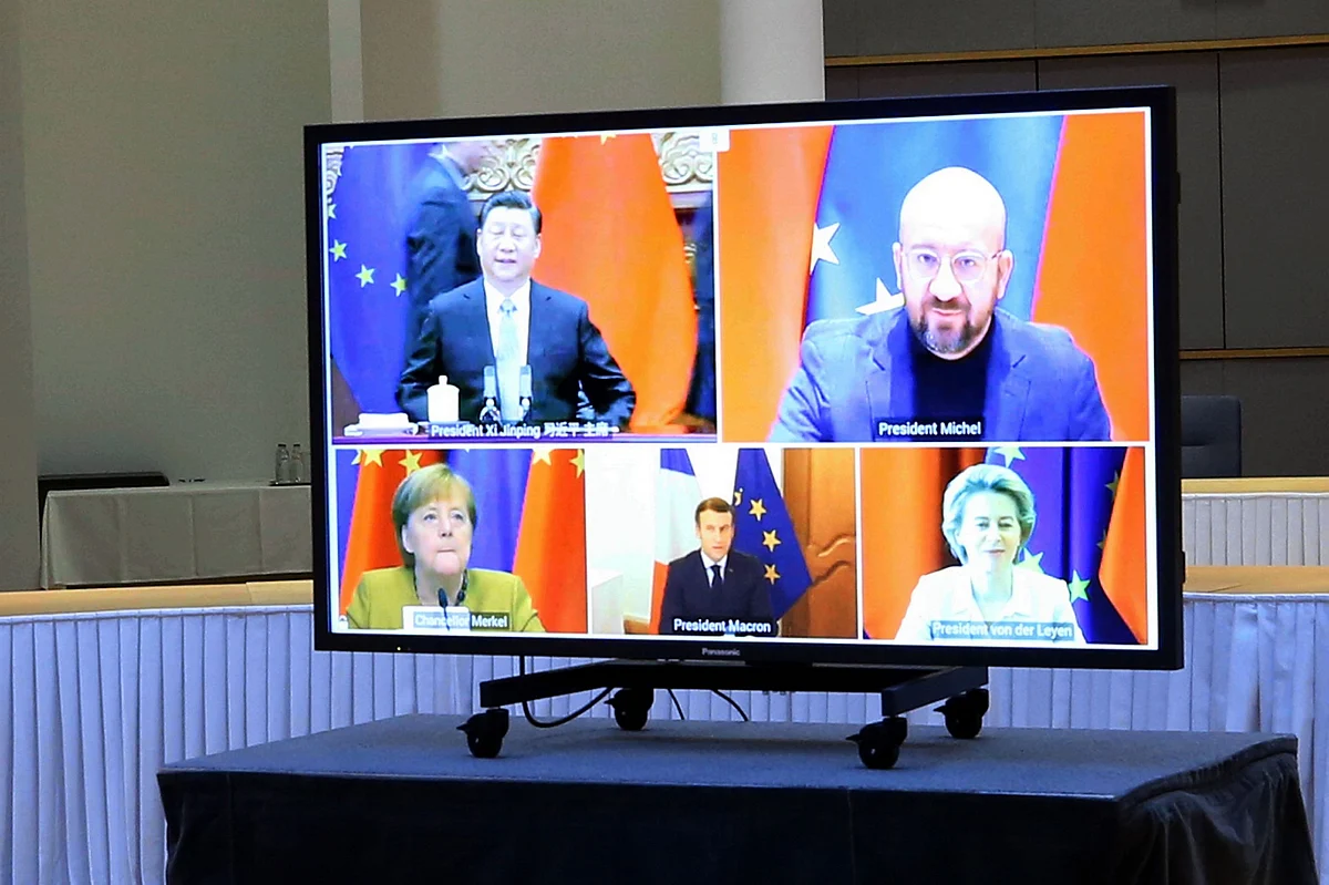 An EU-China investment accord virtual meeting, as seen in Brussels, Belgium, on Dec. 30, 2020. (Photographer: Dursun Aydemir/Anadoulu Agency/Bloomberg)