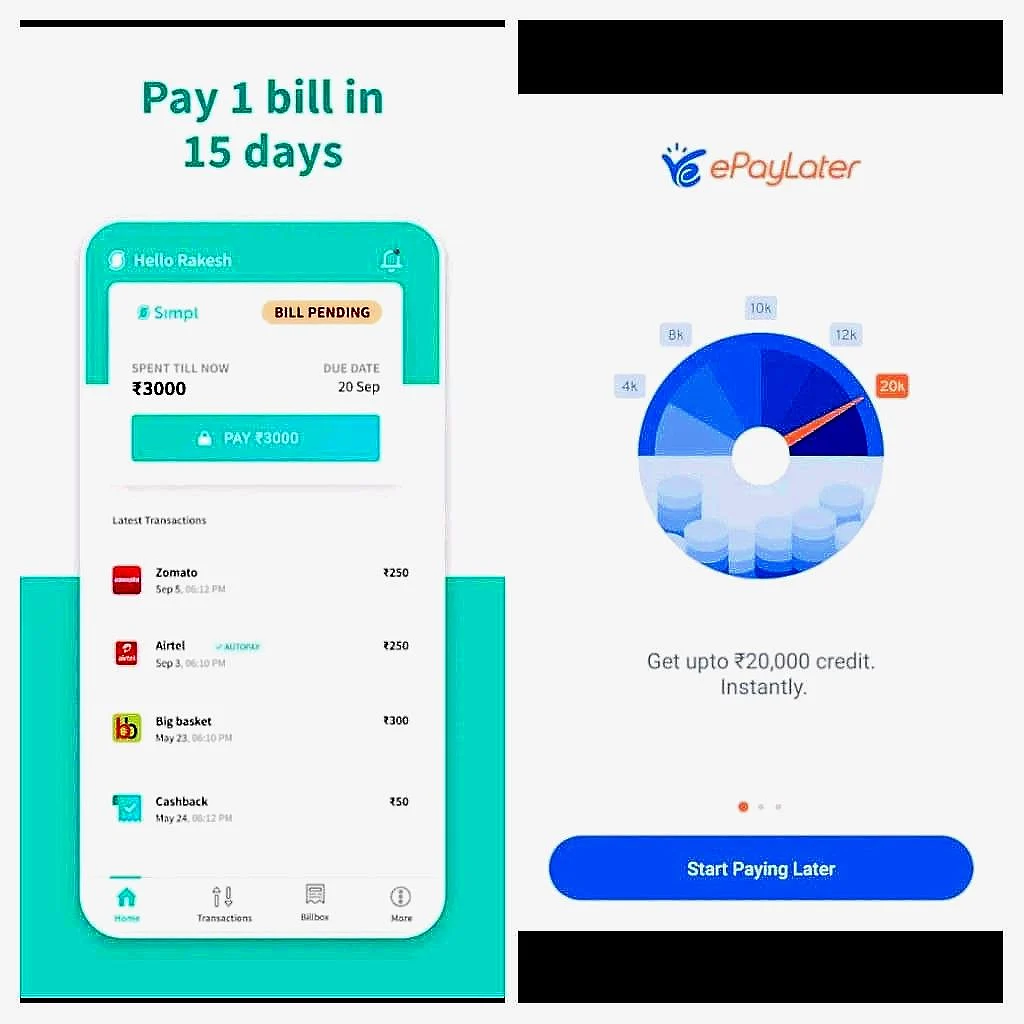 The first image shows the user interface of Simpl app, while the second image shows the UI for ePayLater. (Source: Google Play Store)