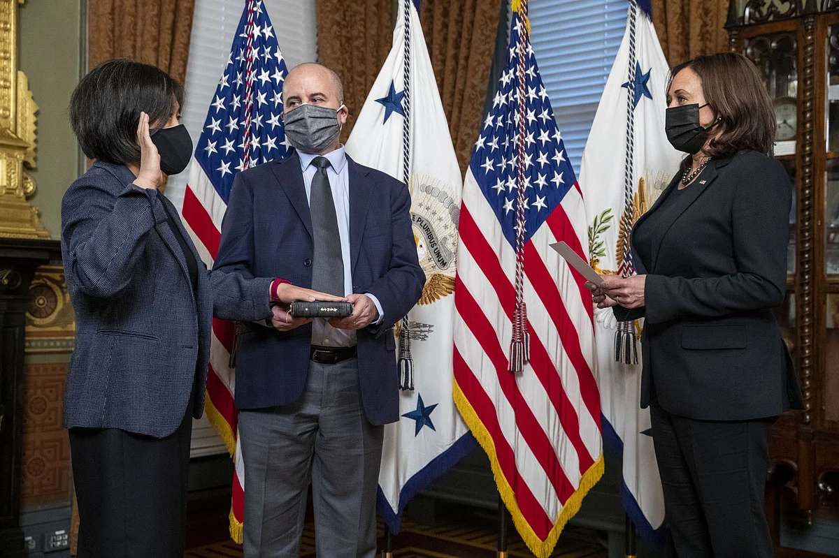 U.S. Vice President Kamala Harris, swears in Katherine Tai, U.S. trade representative, in Washington, D.C., on March 18, 2021. (Photographer: Shawn Thew/EPA/Bloomberg)