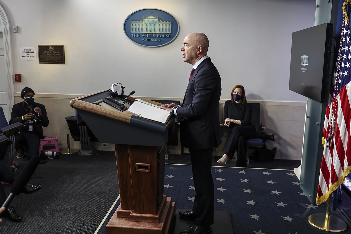 Alejandro Mayorkas, secretary of the U.S. Department of Homeland Security, speaks in the Press Briefing Room at the White House in Washington, D.C., on March 1, 2021. (Photographer: Oliver Contreras/Sipa/Bloomberg)