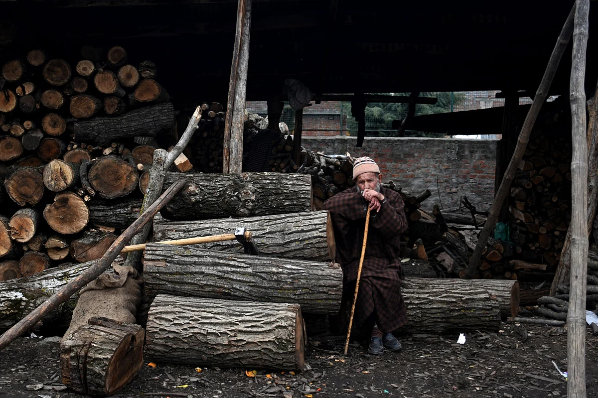 <div class="paragraphs"><p>A man with a cane sits next to timber at a store in Srinagar. (Photographer: Anindito Mukherjee/Bloomberg)</p></div>