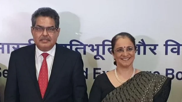<div class="paragraphs"><p>A file photo of Madhabi Puri Buch (right) with Ajay Tyagi, whose term as SEBI chief ends on Monday. (Source: BloombergQuint)</p></div>