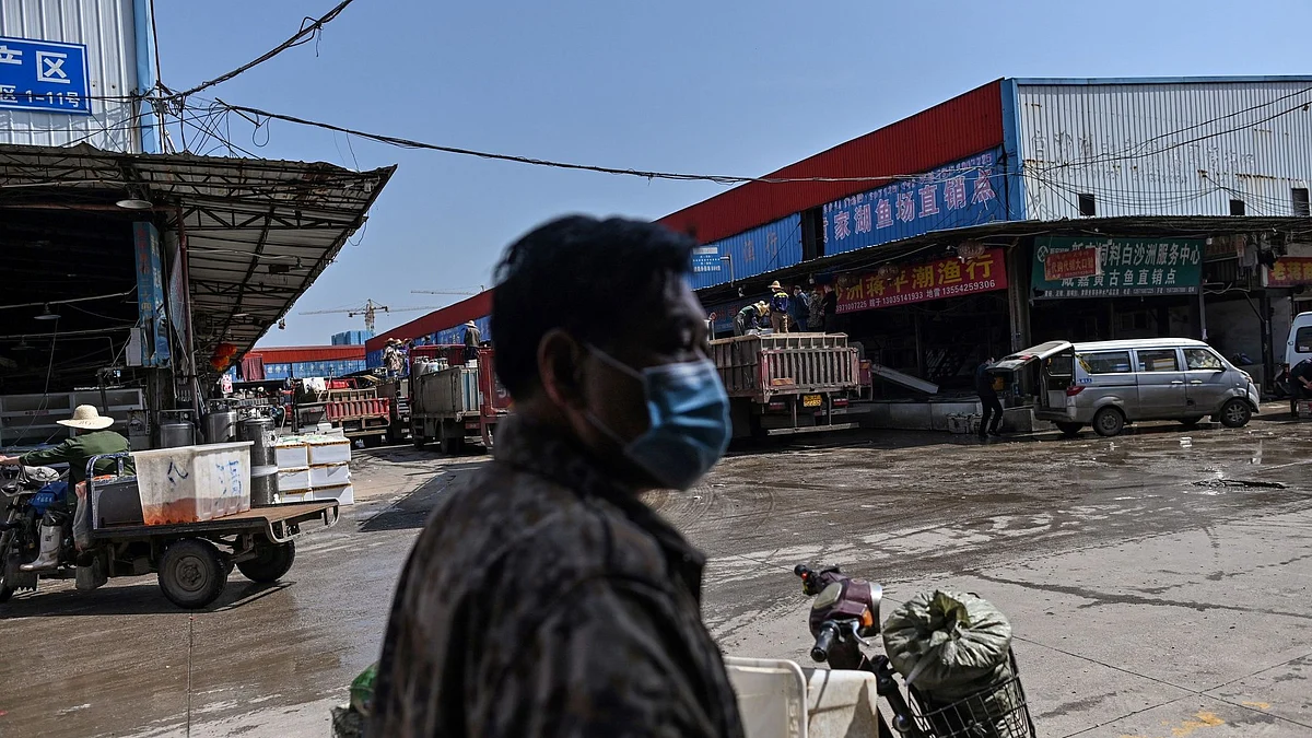 <div class="paragraphs"><p>A man wearing a face mask while walking at the Wuhan Baishazhou Market in Wuhan in China's central Hubei province. Photographer: Hector Retamal/AFP/Getty Images</p></div>